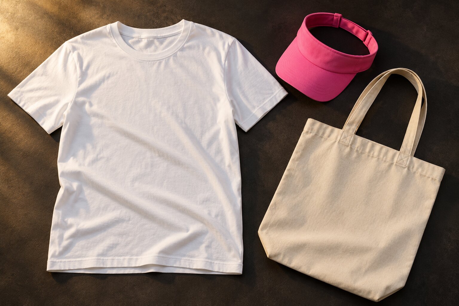Imagem ilustrativa de camiseta branca, viseira pink e ecobag