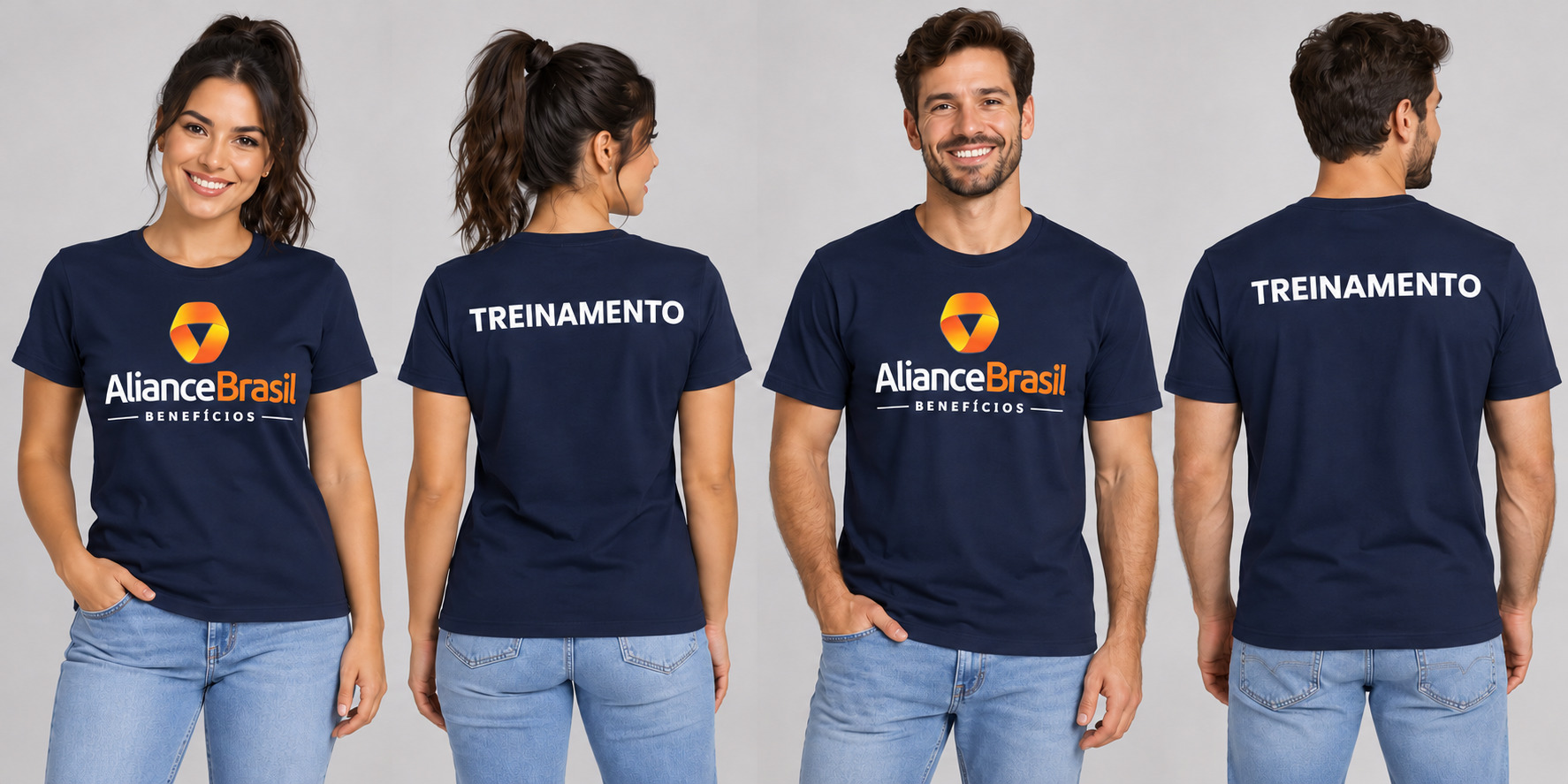 Mockup feminino · frente — A equipe veste a mesma marca